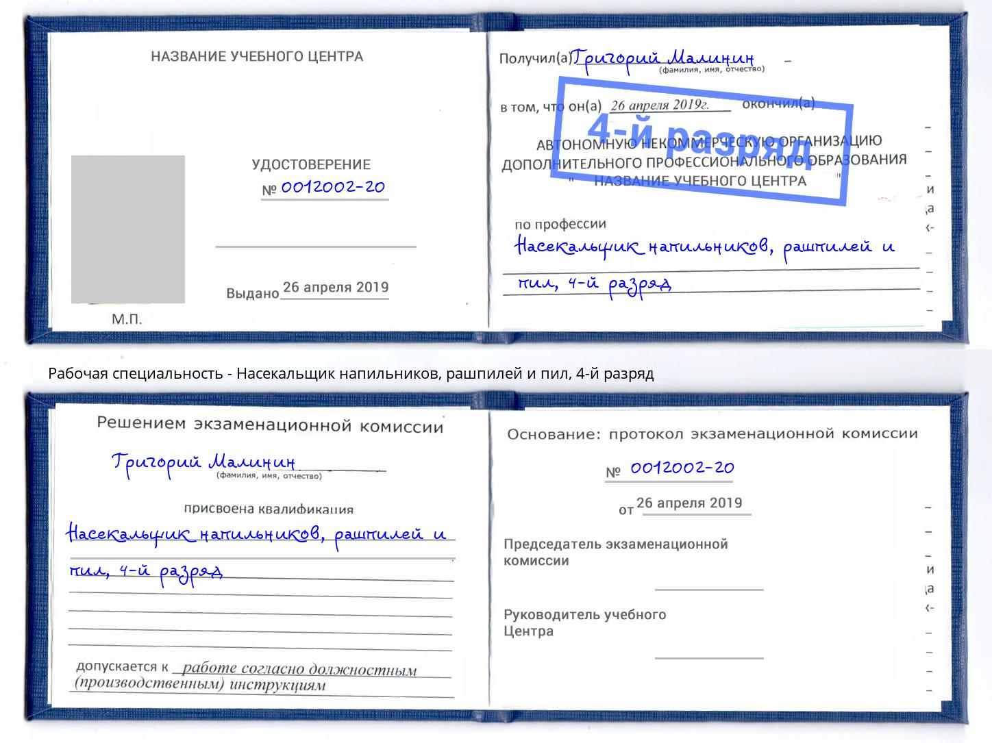 корочка 4-й разряд Насекальщик напильников, рашпилей и пил Реутов