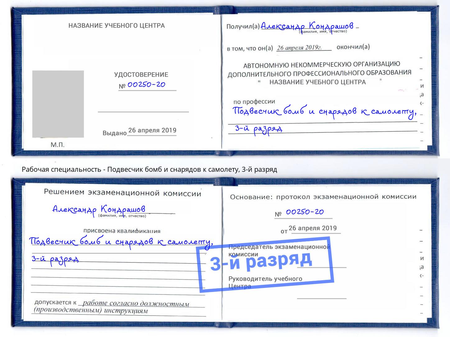 корочка 3-й разряд Подвесчик бомб и снарядов к самолету Реутов
