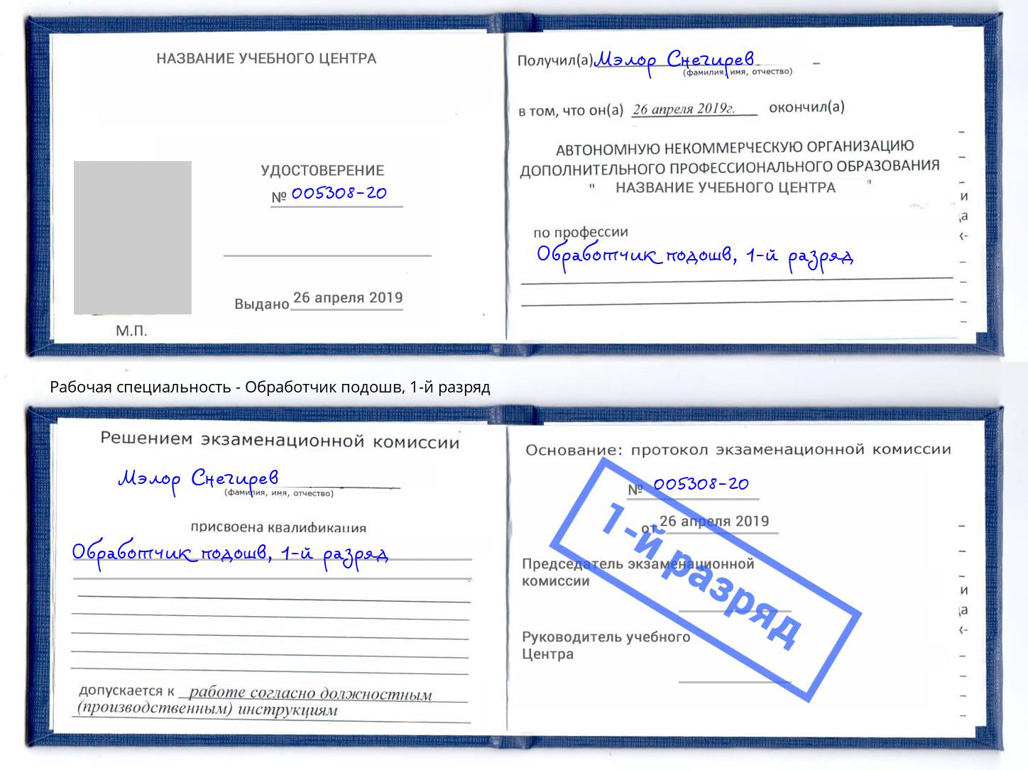корочка 1-й разряд Обработчик подошв Реутов