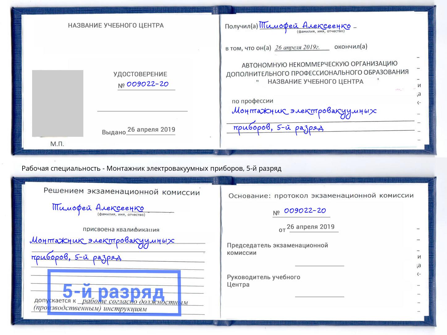 корочка 5-й разряд Монтажник электровакуумных приборов Реутов