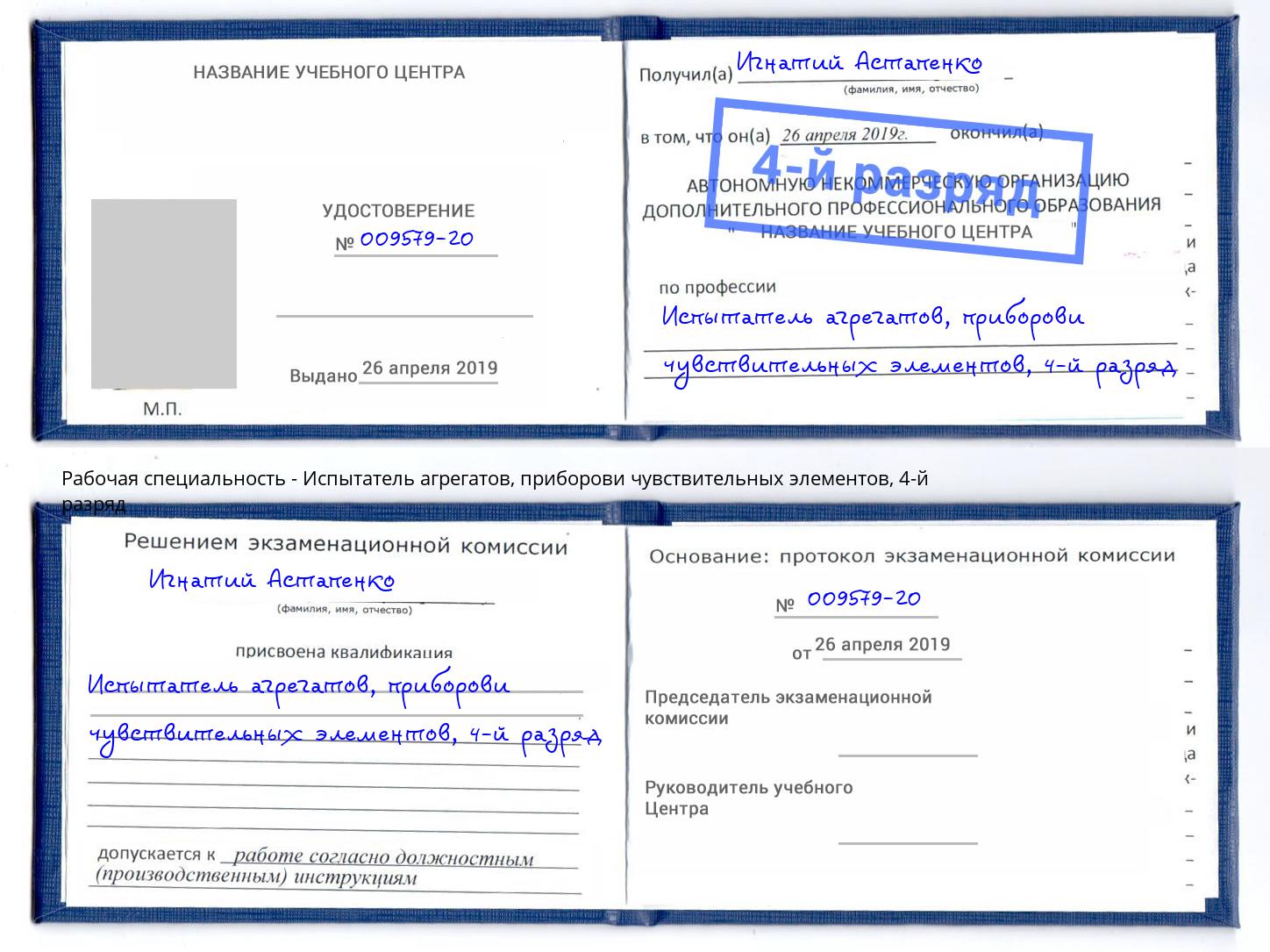 корочка 4-й разряд Испытатель агрегатов, приборови чувствительных элементов Реутов