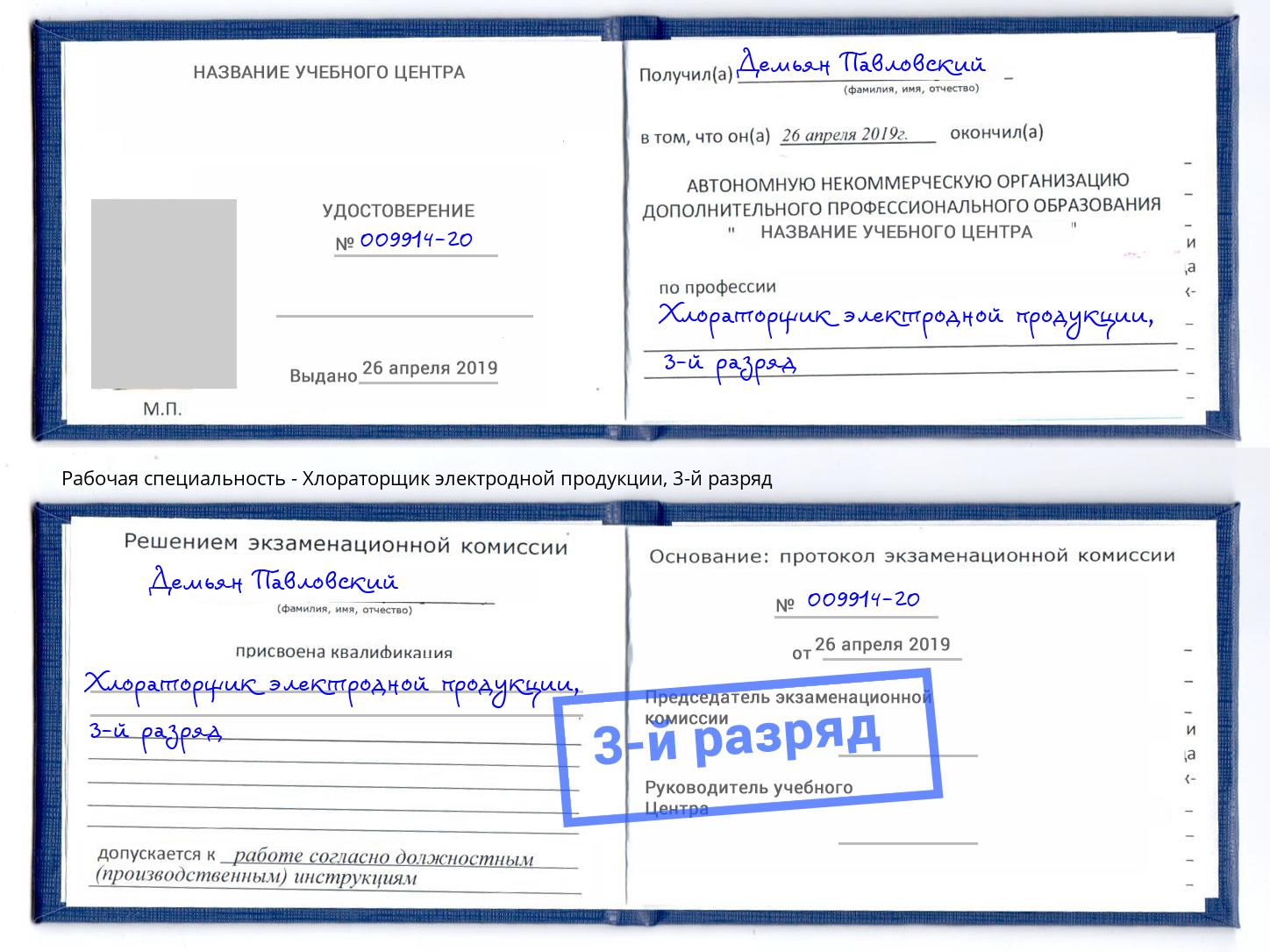 корочка 3-й разряд Хлораторщик электродной продукции Реутов