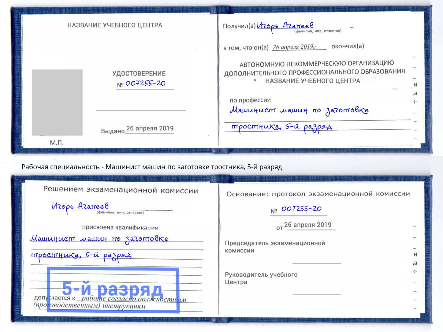 корочка 5-й разряд Машинист машин по заготовке тростника Реутов