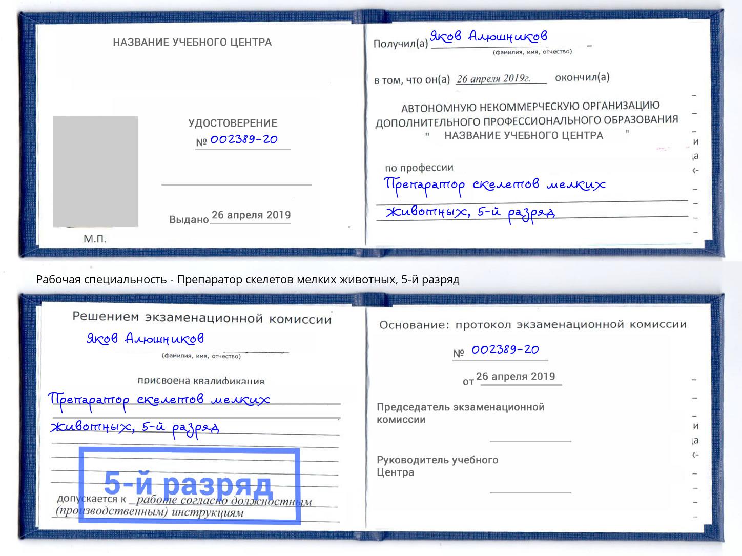 корочка 5-й разряд Препаратор скелетов мелких животных Реутов