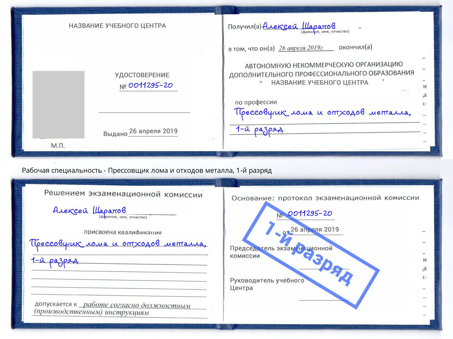 корочка 1-й разряд Прессовщик лома и отходов металла Реутов