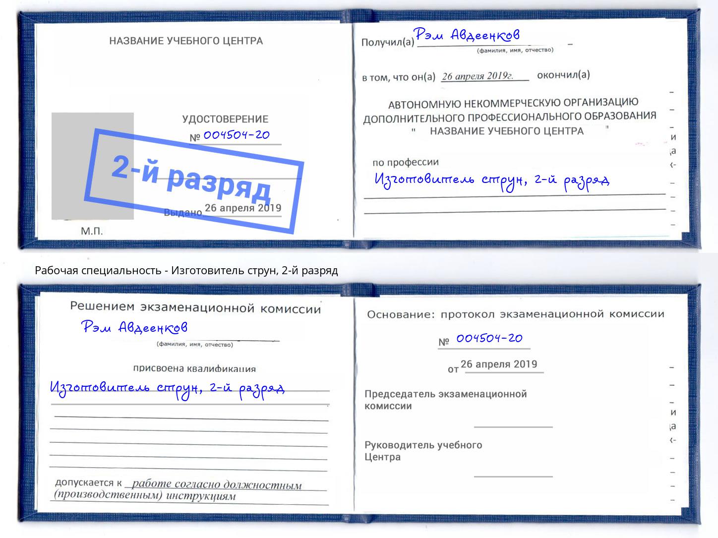 корочка 2-й разряд Изготовитель струн Реутов
