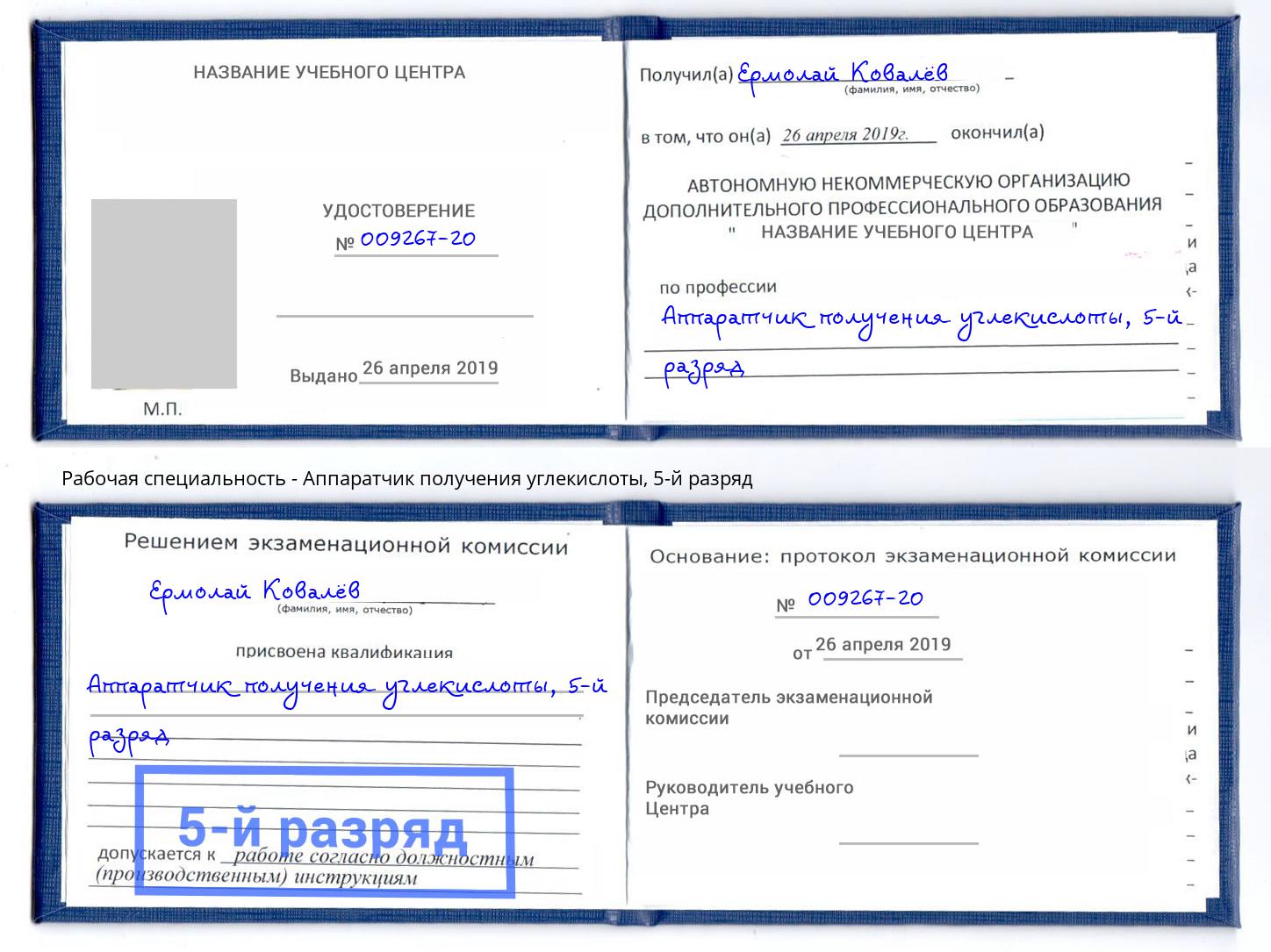 корочка 5-й разряд Аппаратчик получения углекислоты Реутов