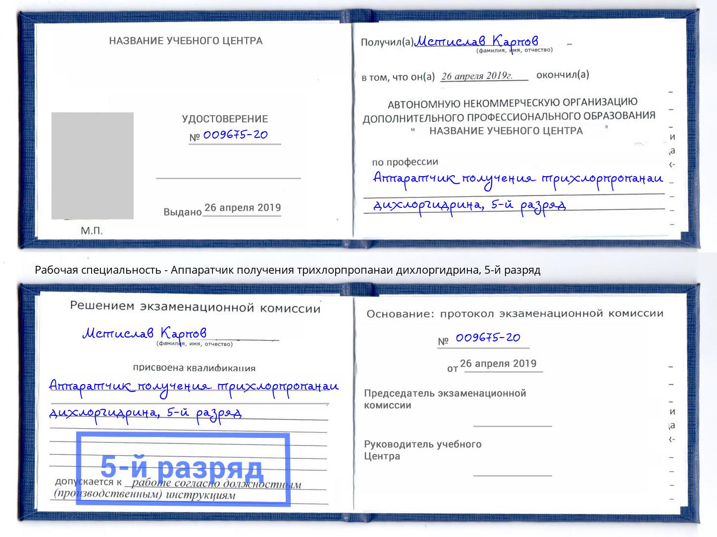 корочка 5-й разряд Аппаратчик получения трихлорпропанаи дихлоргидрина Реутов