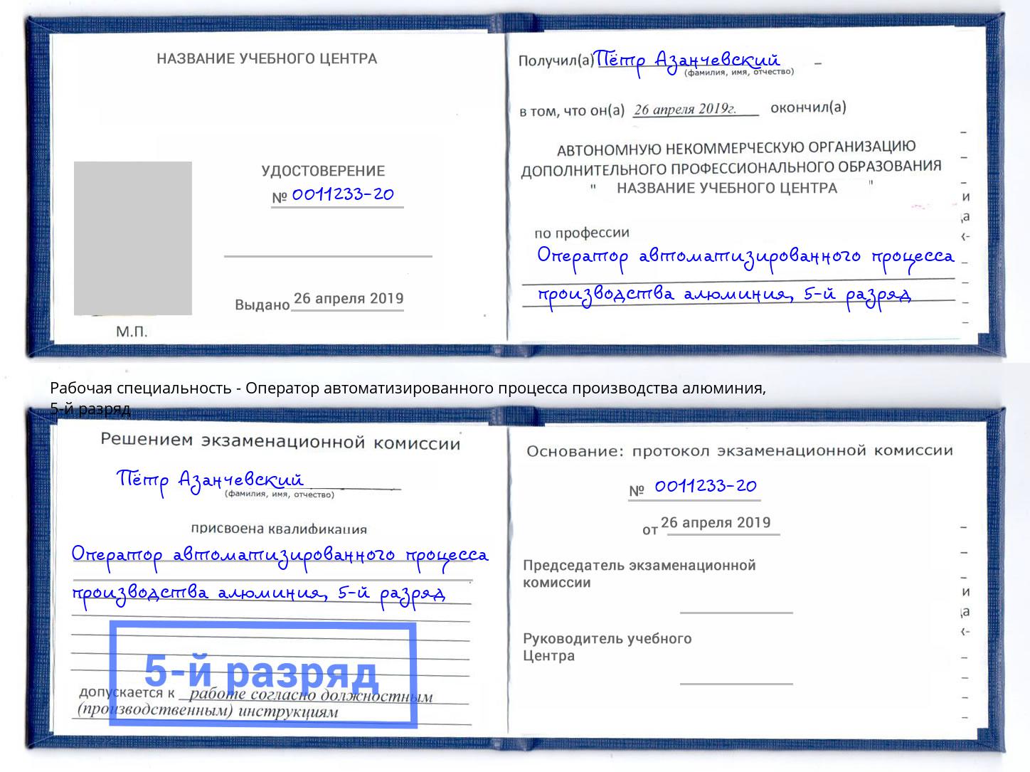 корочка 5-й разряд Оператор автоматизированного процесса производства алюминия Реутов